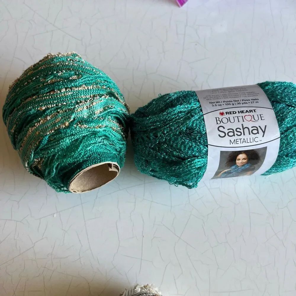 Red Heart Boutique SASHAY BOHO Yarn ENVY #1967 Green Tan Gold Sequins Lot of 2